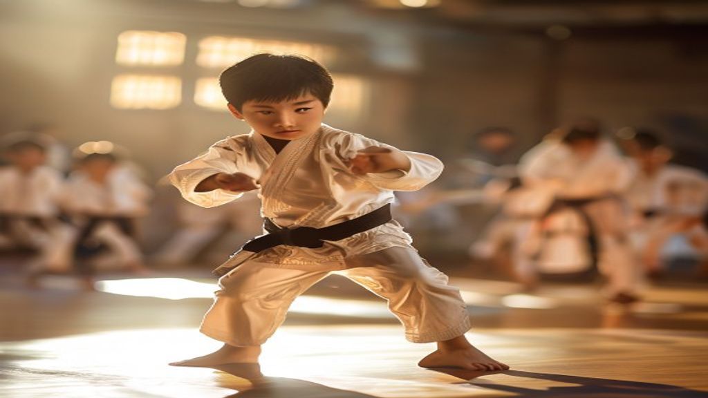 Atlet karate menunjukkan teknik dalam pertandingan