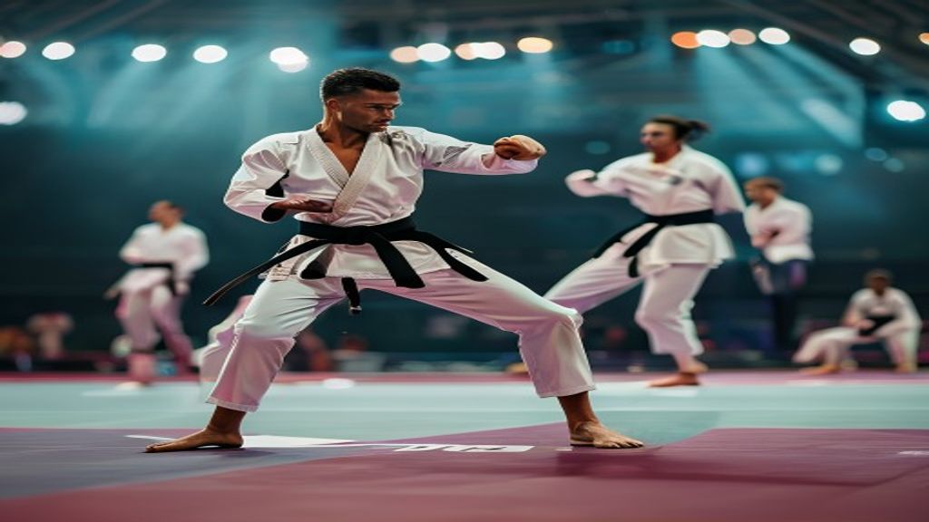 Atlet karate internasional bertanding di arena besar