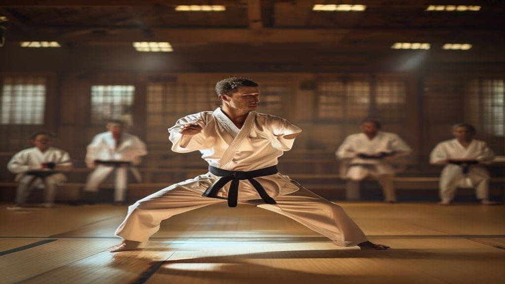 Gambar pertandingan karate kata menggunakan sistem penilaian elektronik